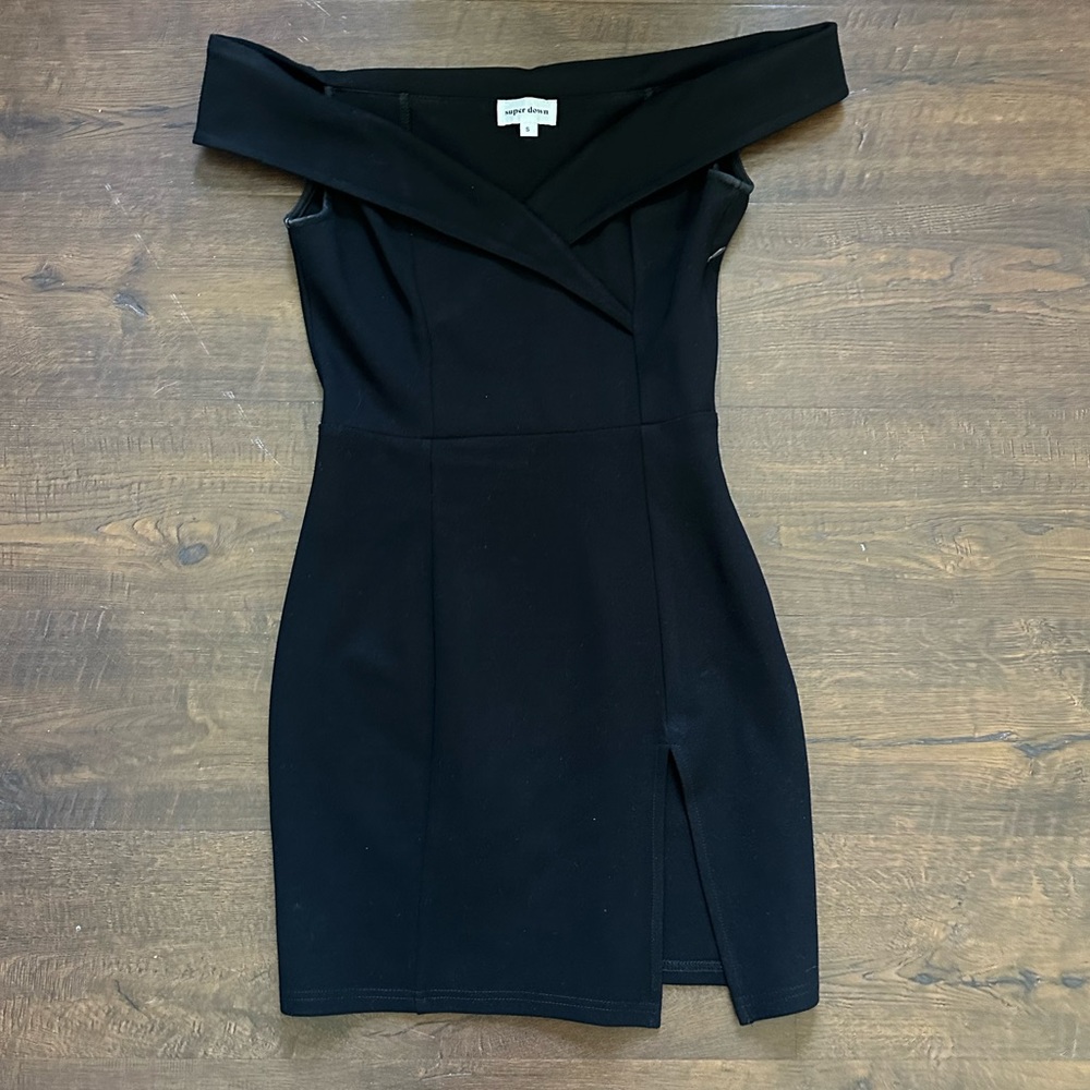 Super Down, off the shoulder black mini dress with slit